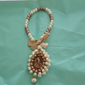 Pearl and Champagne Rosary Pendant Necklace with Religious Medallion